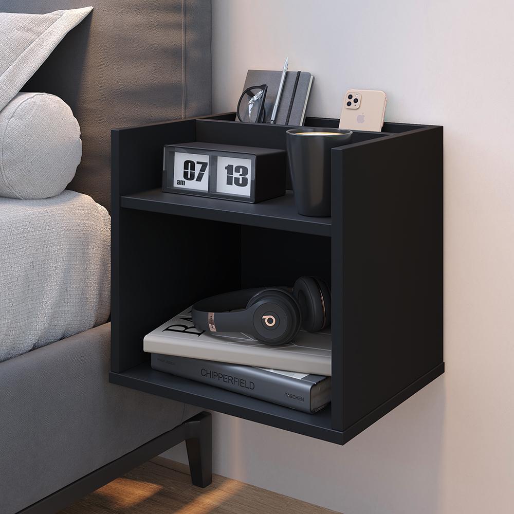 Mesa de Cabeceira Suspensa Madri Divisória Organizadora Nicho Mesinha Decorativa Quarto Casal Solteiro - Preto - RPM Móveis