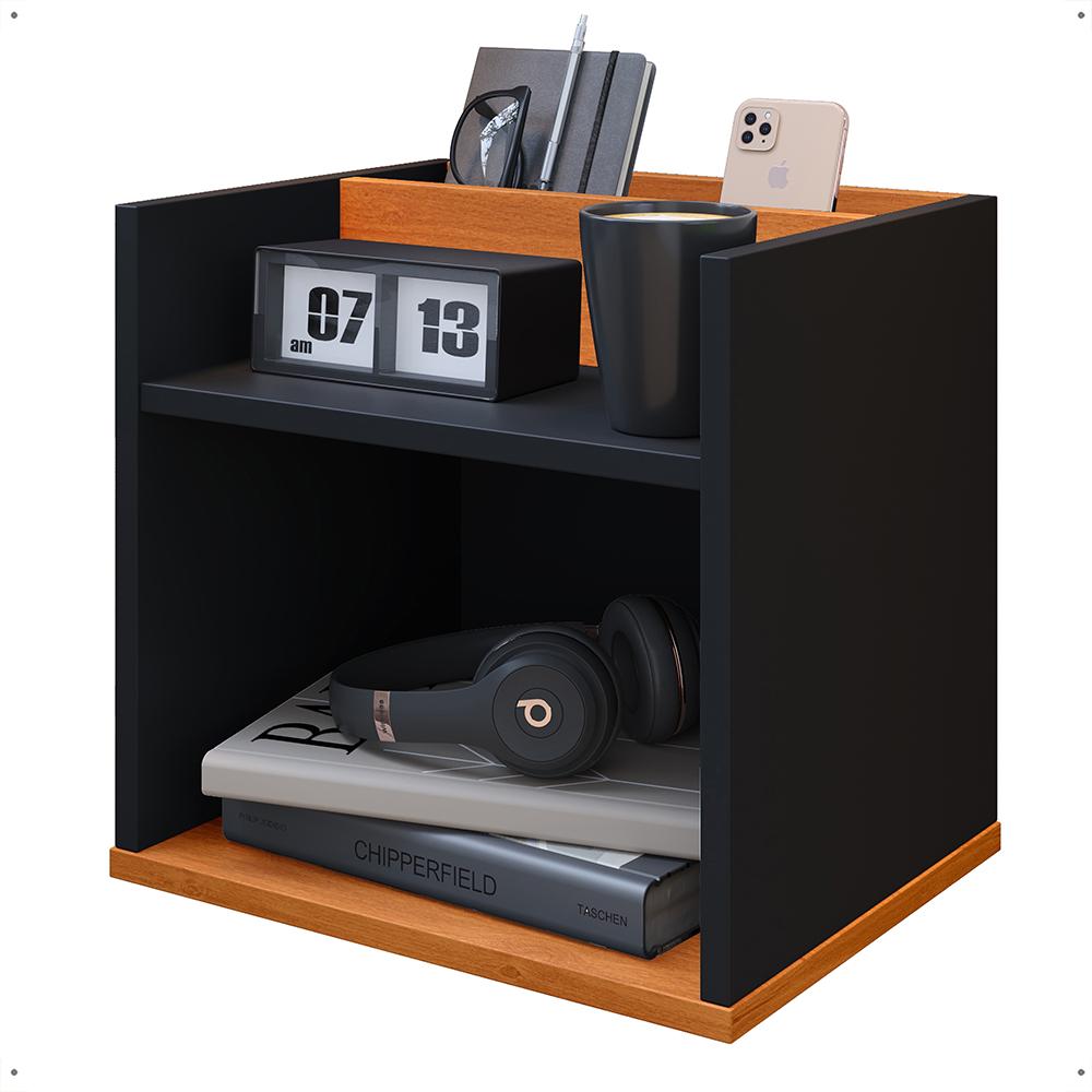 Mesa de Cabeceira Suspensa Madri Divisória Organizadora Nicho Mesinha Decorativa Quarto Casal Solteiro - Preto/Cinamomo - RPM Móveis