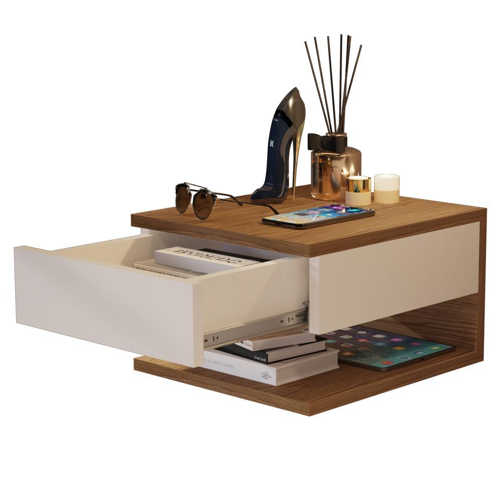 Mesa de Cabeceira Suspensa Mesinha com Gaveta Nicho Organizador Canto Lateral Cama Quarto Pequeno Decor - Freijó/Off - RPM Móveis
