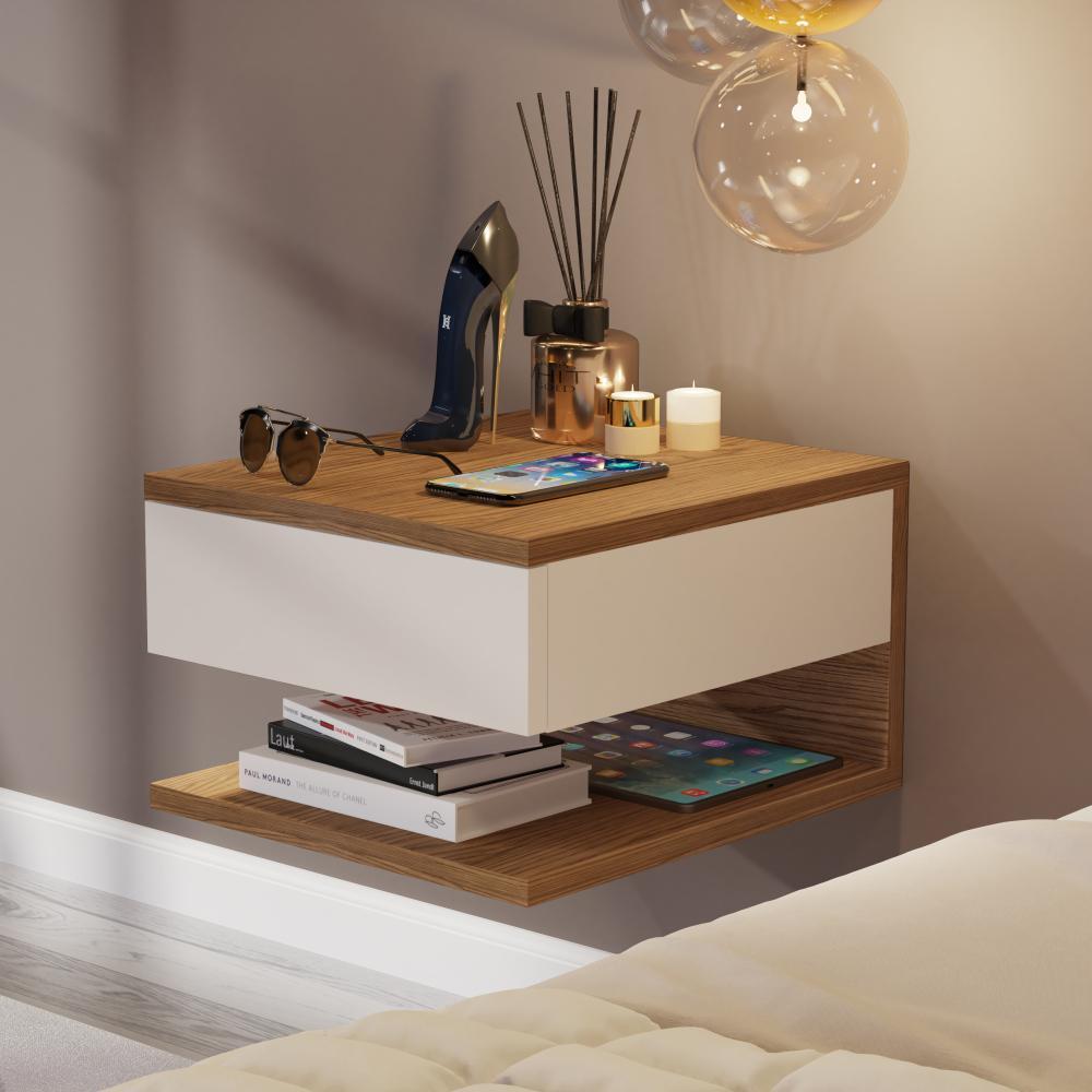 Mesa de Cabeceira Suspensa Mesinha com Gaveta Nicho Organizador Canto Lateral Cama Quarto Pequeno Decor - Freijó/Off - RPM Móveis