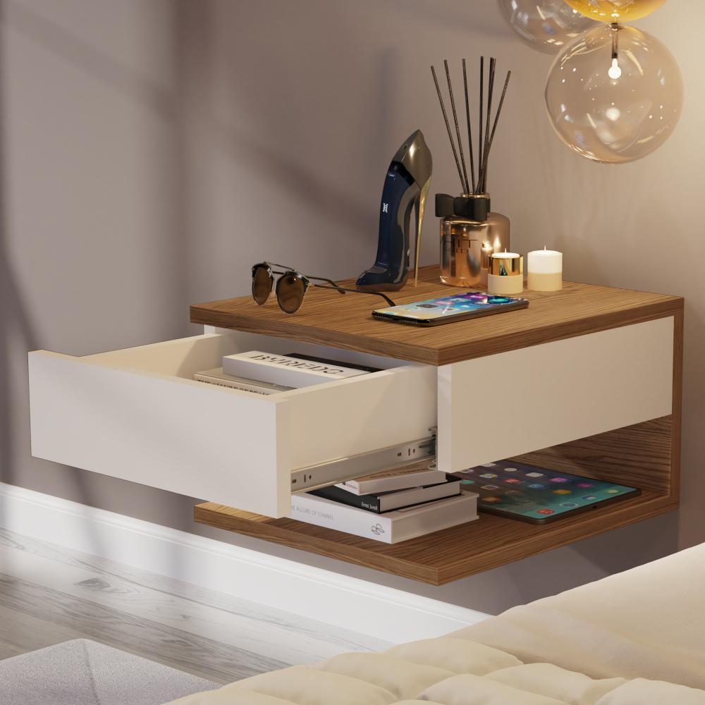Mesa de Cabeceira Suspensa Mesinha com Gaveta Nicho Organizador Canto Lateral Cama Quarto Pequeno Decor - Freijó/Off - RPM Móveis
