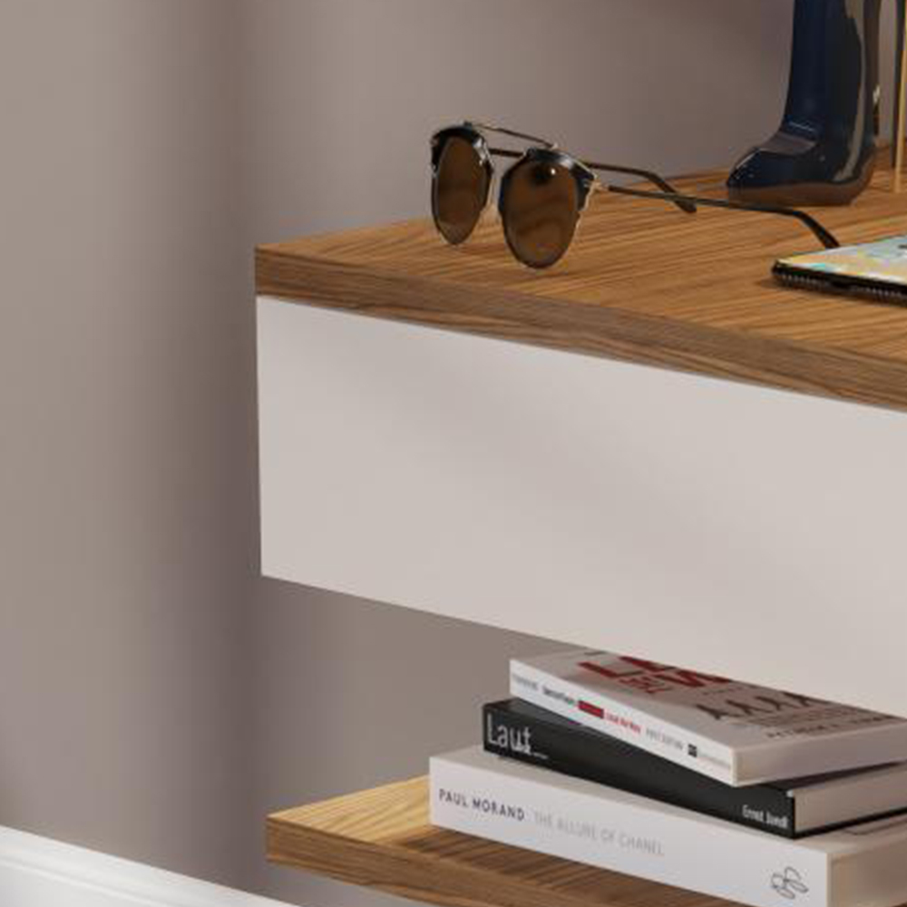 Mesa de Cabeceira Suspensa Mesinha com Gaveta Nicho Organizador Canto Lateral Cama Quarto Pequeno Decor - Freijó/Off - RPM Móveis