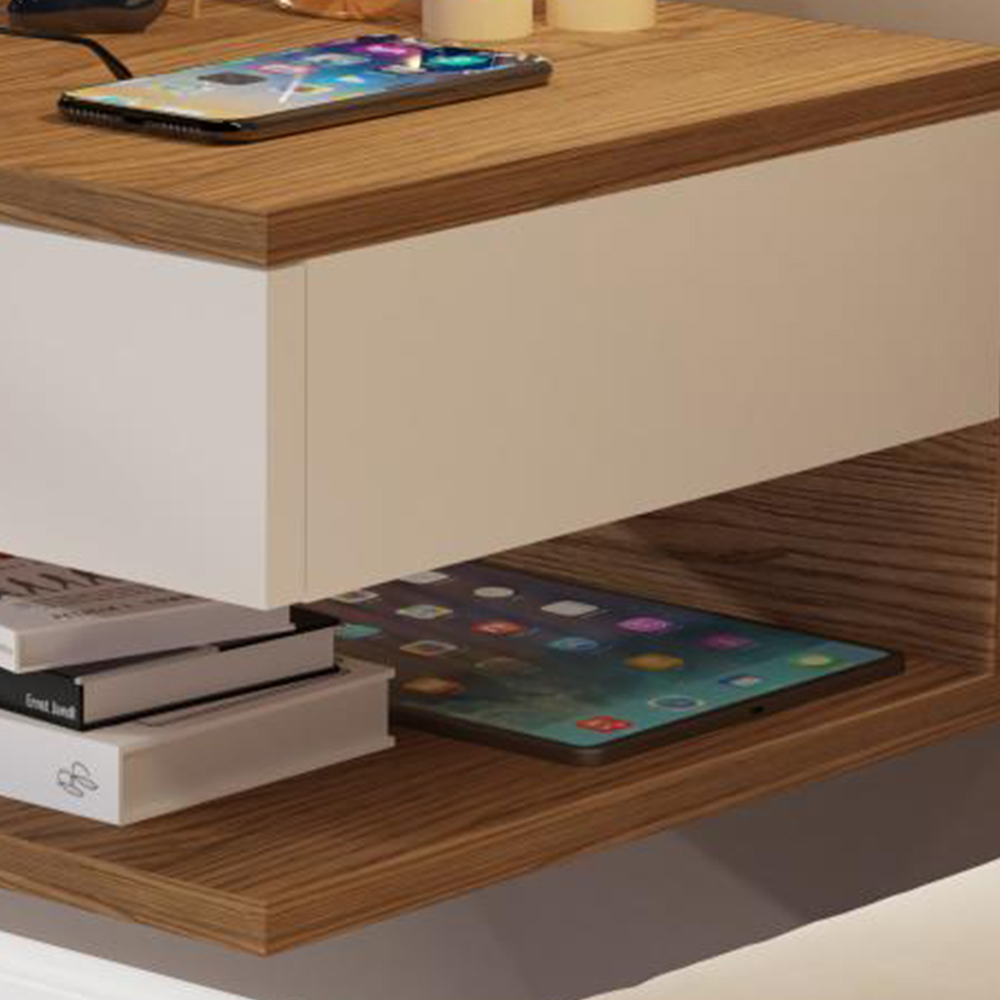 Mesa de Cabeceira Suspensa Mesinha com Gaveta Nicho Organizador Canto Lateral Cama Quarto Pequeno Decor - Freijó/Off - RPM Móveis