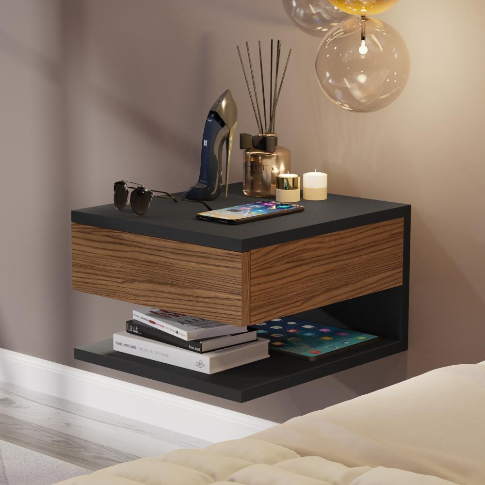 Mesa de Cabeceira Suspensa Mesinha com Gaveta Nicho Organizador Canto Lateral Cama Quarto Pequeno Decor - Preto/Freijó - RPM Móveis