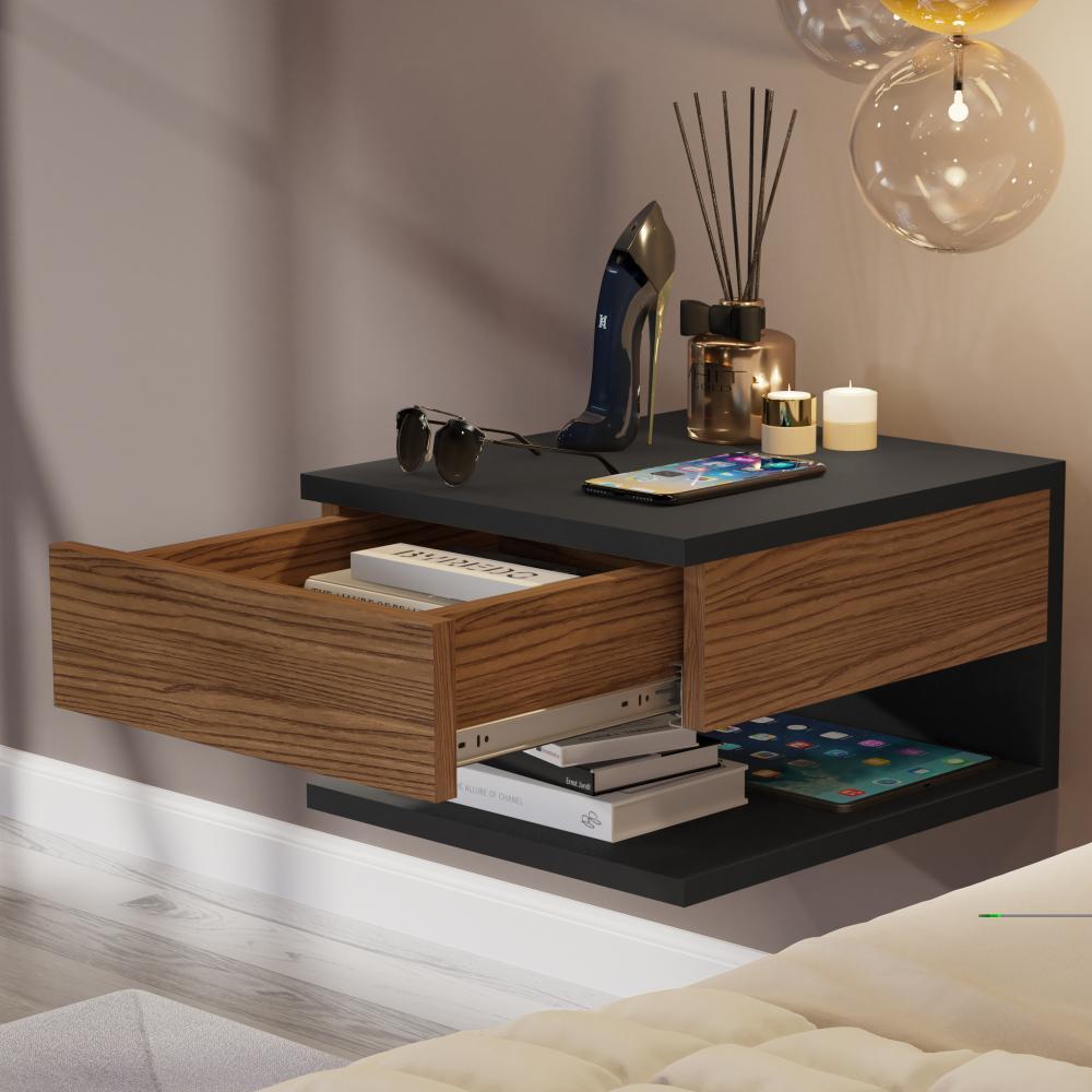 Mesa de Cabeceira Suspensa Mesinha com Gaveta Nicho Organizador Canto Lateral Cama Quarto Pequeno Decor - Preto/Freijó - RPM Móveis