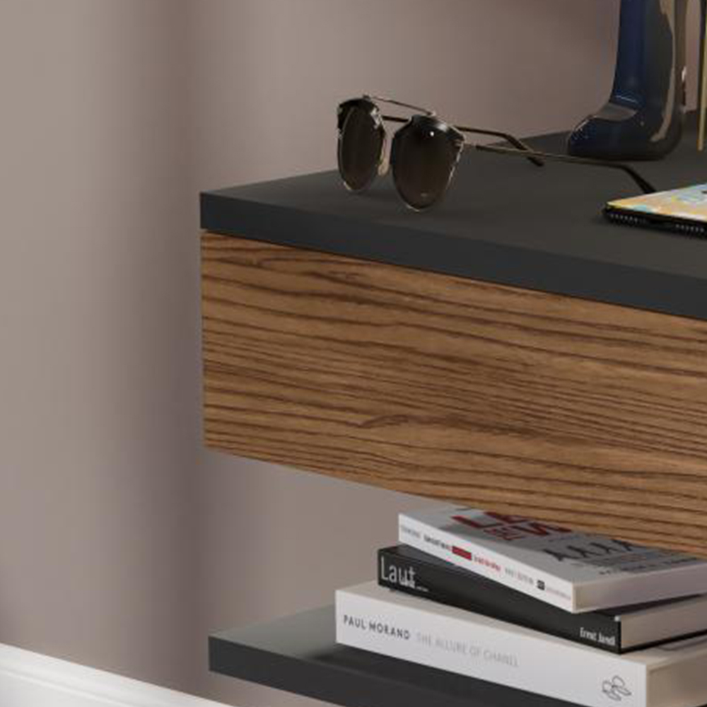 Mesa de Cabeceira Suspensa Mesinha com Gaveta Nicho Organizador Canto Lateral Cama Quarto Pequeno Decor - Preto/Freijó - RPM Móveis