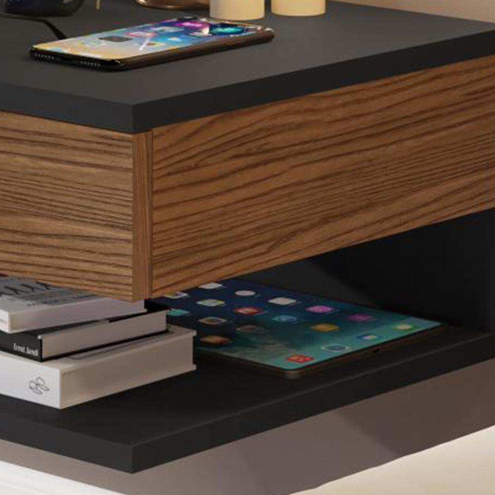 Mesa de Cabeceira Suspensa Mesinha com Gaveta Nicho Organizador Canto Lateral Cama Quarto Pequeno Decor - Preto/Freijó - RPM Móveis