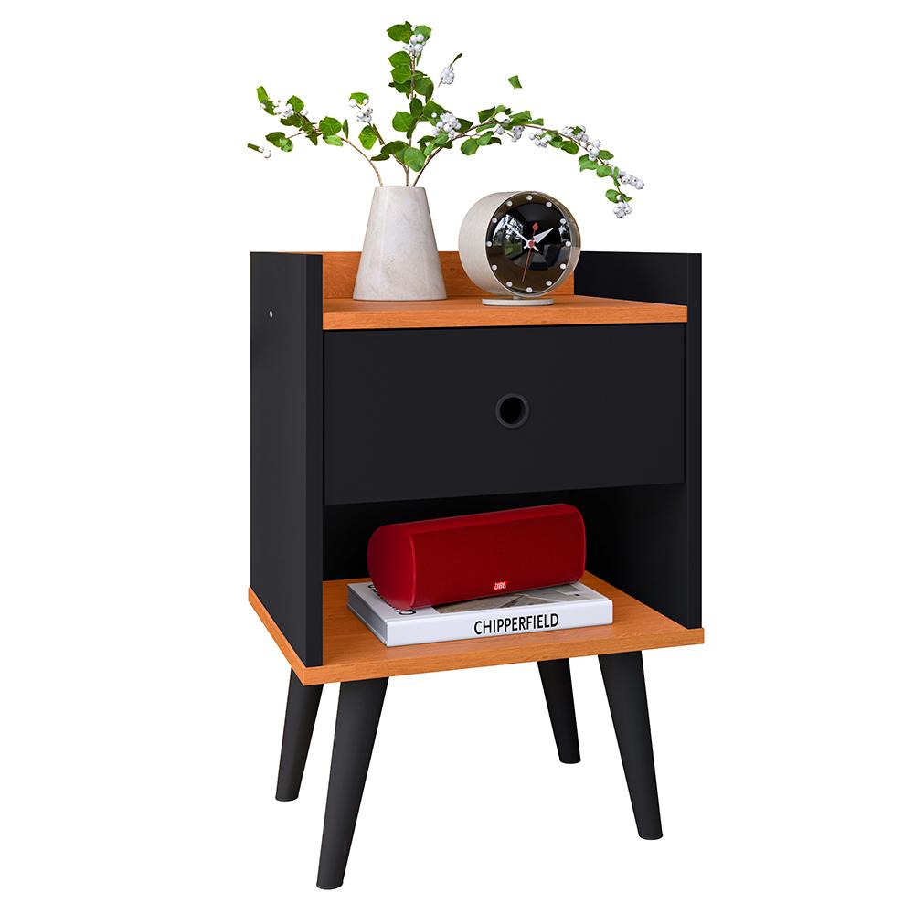 Mesinha Quarto Lateral Cama Mesa Cabeceira 1 Gaveta Organizadora Pés Palito Retrô - Preto/Cinamomo - RPM Móveis