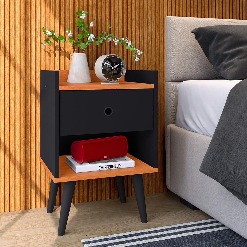 Mesinha Quarto Lateral Cama Mesa Cabeceira 1 Gaveta Organizadora Pés Palito Retrô - Preto/Cinamomo - RPM Móveis