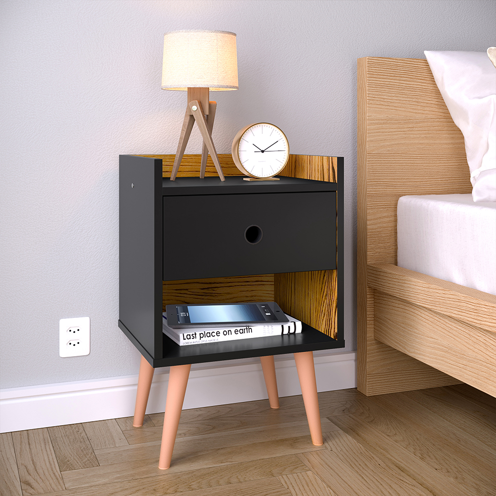 Mesinha com Gaveta Pequena Luxo Decore Quarto Mesa de Cabeceira Suporte Apoio Cama - Preto / Nature - Lojas RPM