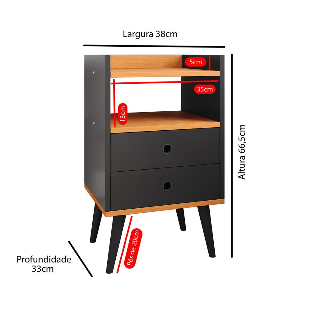 Mesinha de Cabeceira Canto Quarto Mesa Auxiliar 2 Gavetas Nicho Apoio Lateral Cama  Dream - Preto/Cinamomo - RPM