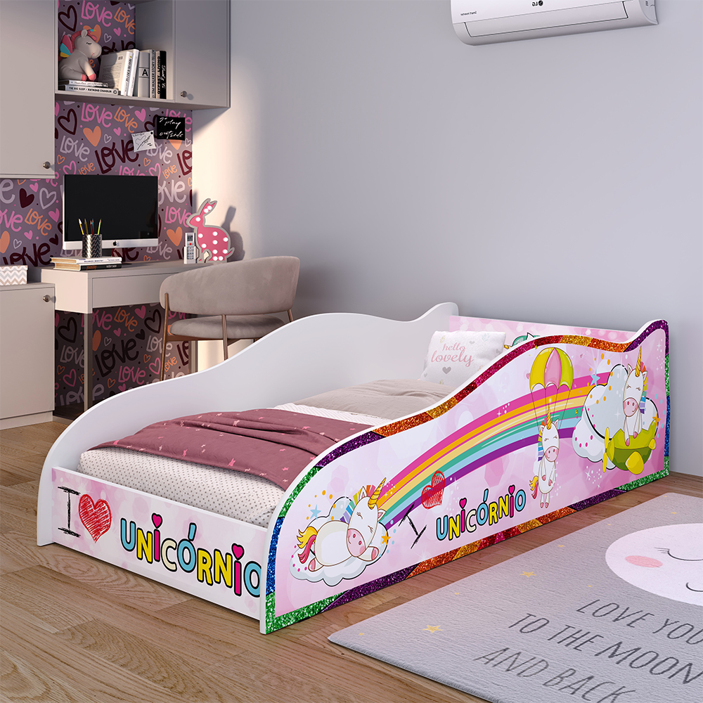 Mini Cama Carro Infantil Montessoriana MDF Lateral Grade Proteção Decoração Tema Unicórnio Quarto Menina Princesa - RPM