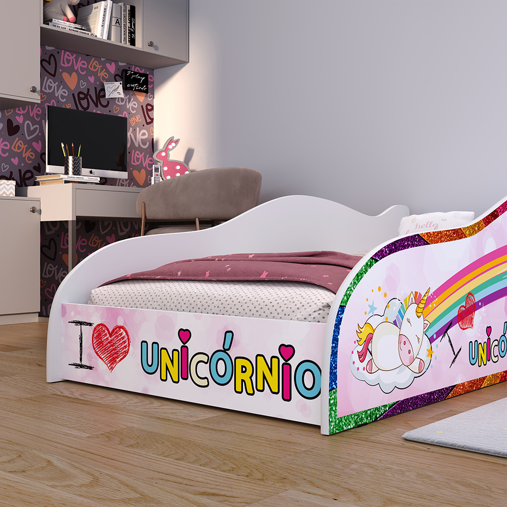 Mini Cama Carro Infantil Montessoriana MDF Lateral Grade Proteção Decoração Tema Unicórnio Quarto Menina Princesa - RPM