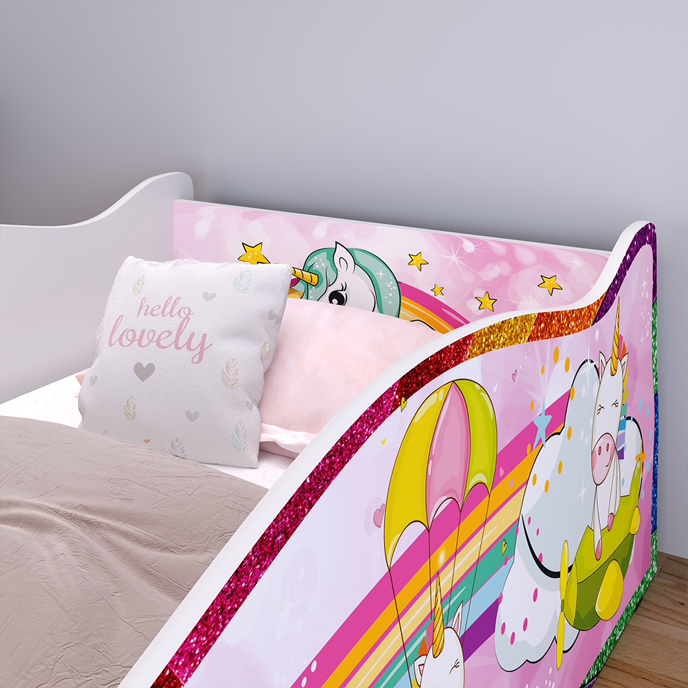Mini Cama Carro Infantil Montessoriana MDF Lateral Grade Proteção Decoração Tema Unicórnio Quarto Menina Princesa - RPM