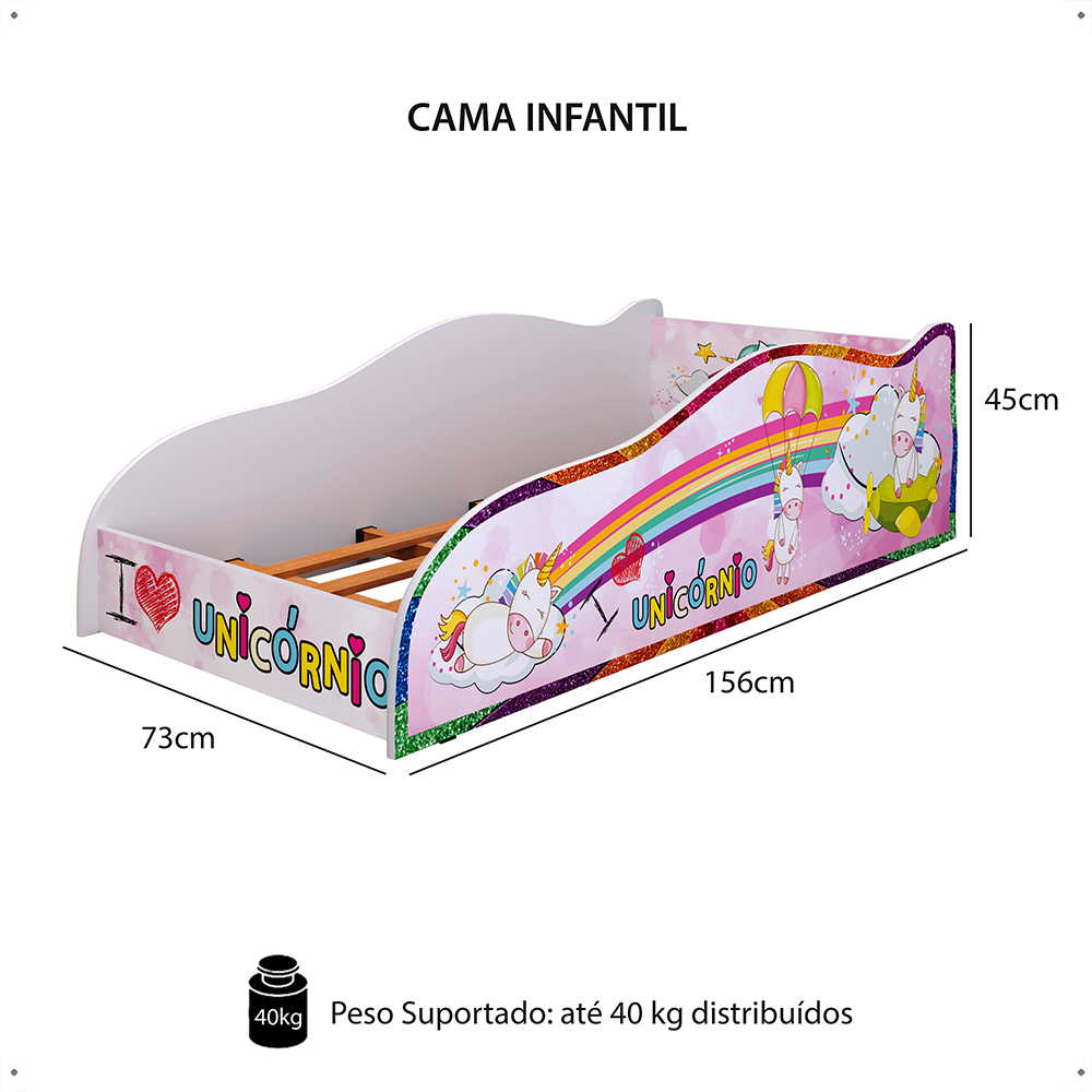 Mini Cama Carro Infantil Montessoriana MDF Lateral Grade Proteção Decoração Tema Unicórnio Quarto Menina Princesa - RPM