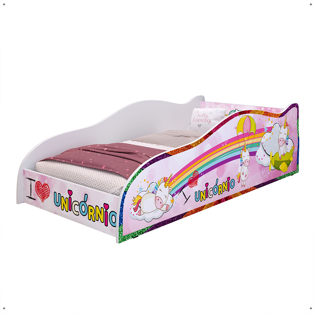 Mini Cama Carro Infantil Montessoriana MDF Lateral Grade Proteção Decoração Tema Unicórnio Quarto Menina Princesa - RPM