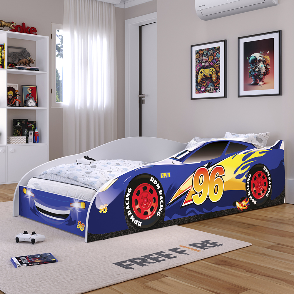 Mini Cama Infantil Carro 96 MDF Montessoriana Lateral Protetora Decoração Tema Quarto Menino - Royal/Branco - RPM Móveis