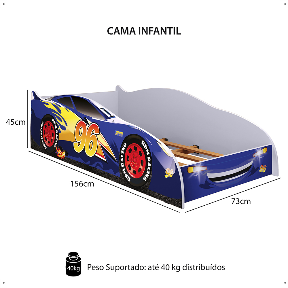 Mini Cama Infantil Carro 96 MDF Montessoriana Lateral Protetora Decoração Tema Quarto Menino - Royal/Branco - RPM Móveis
