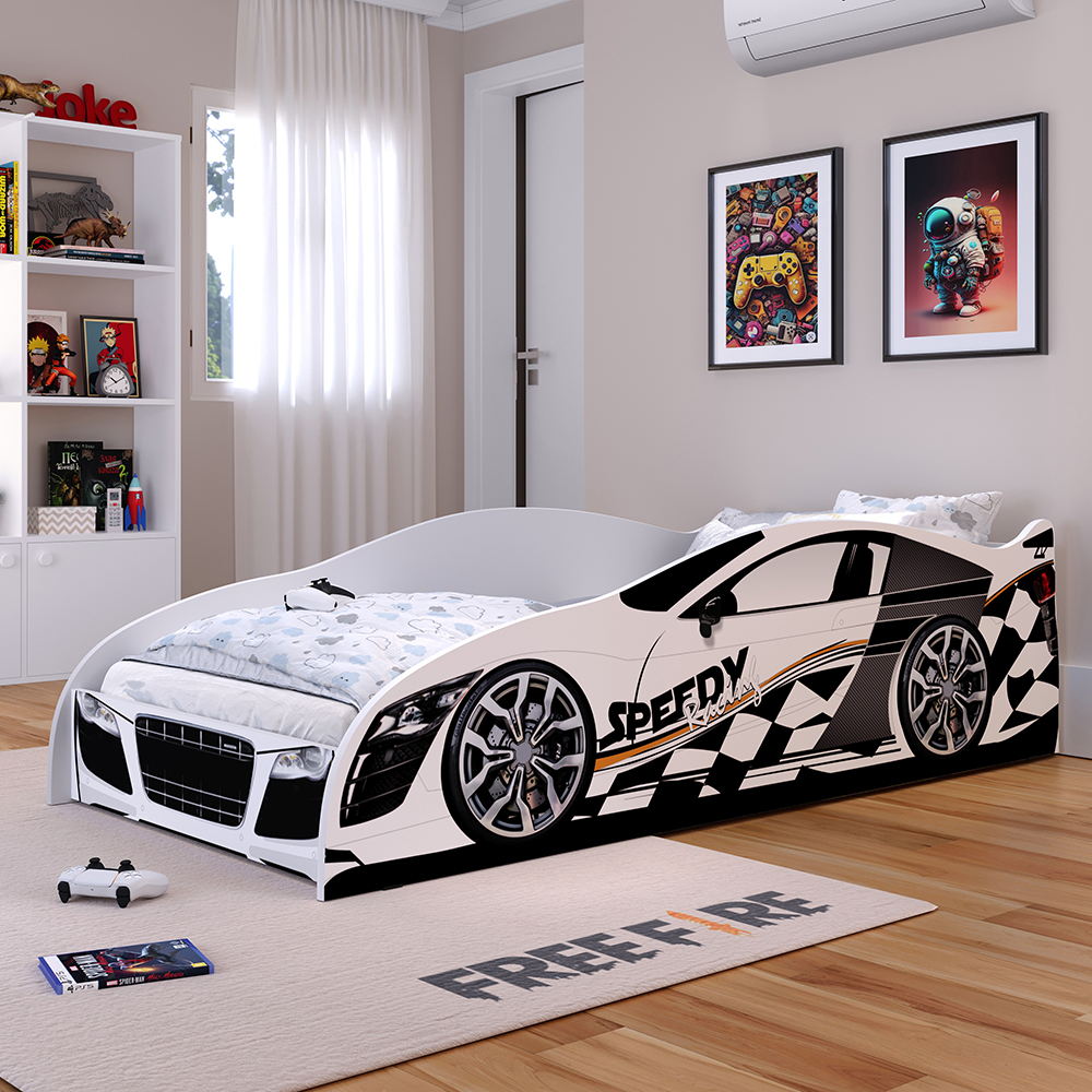 Mini Cama Infantil Carro Corrida Speedy MDF Montessoriana Proteção Lateral Decoração Kids Tema Quarto Menino - Branco – RPM