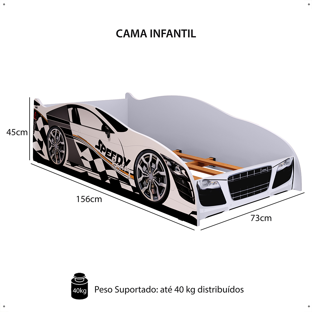 Mini Cama Infantil Carro Corrida Speedy MDF Montessoriana Proteção Lateral Decoração Kids Tema Quarto Menino - Branco – RPM