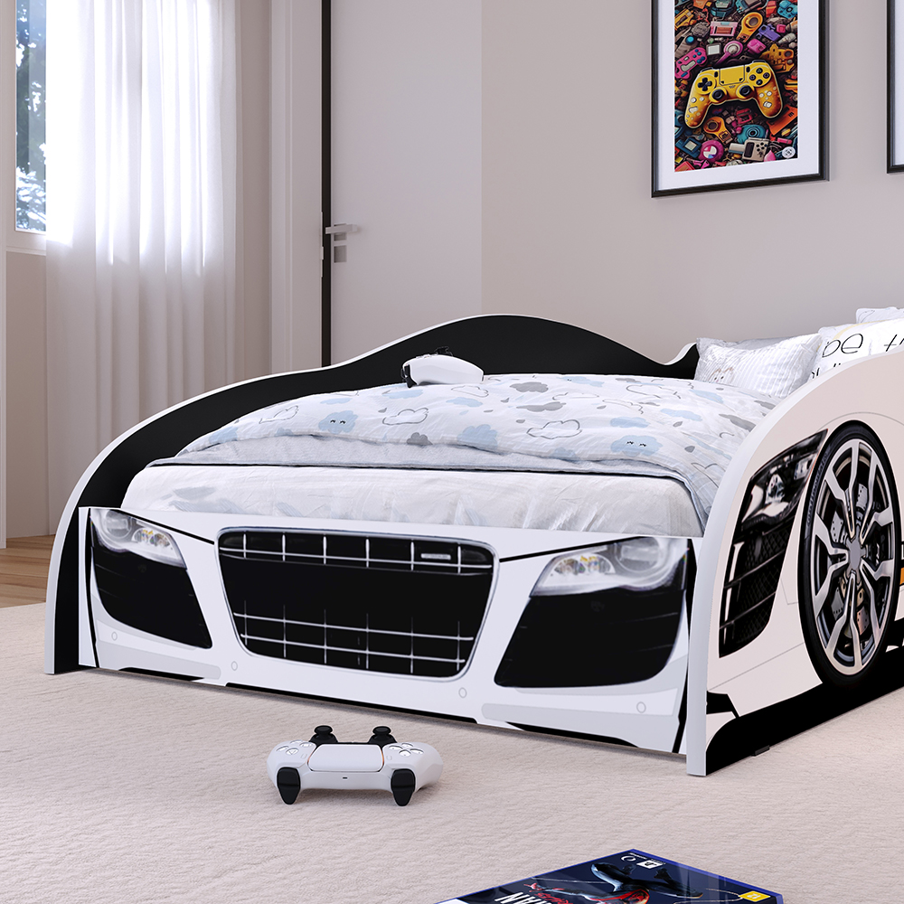 Mini Cama Infantil Carro Corrida Speedy MDF Montessoriana Proteção Lateral Decoração Kids Tema Quarto Menino - Branco/Preto – RPM