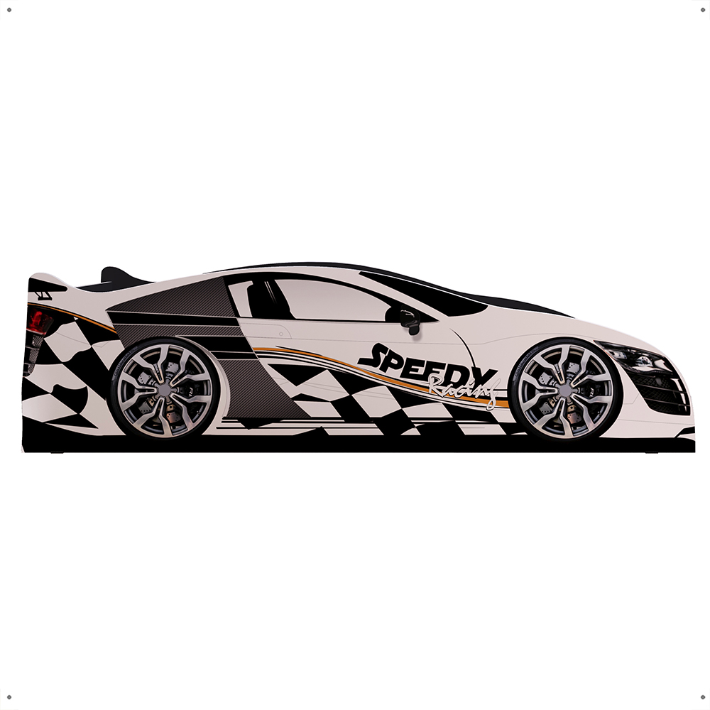 Mini Cama Infantil Carro Corrida Speedy MDF Montessoriana Proteção Lateral Decoração Kids Tema Quarto Menino - Branco/Preto – RPM