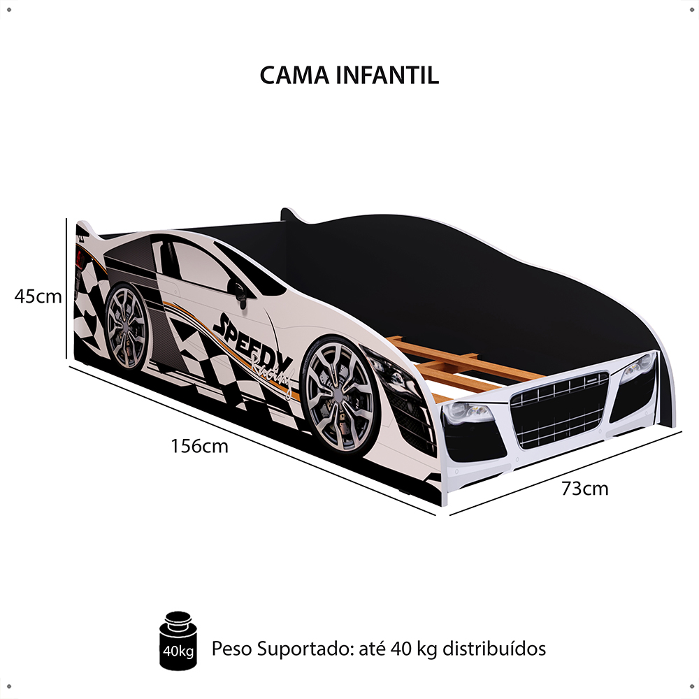 Mini Cama Infantil Carro Corrida Speedy MDF Montessoriana Proteção Lateral Decoração Kids Tema Quarto Menino - Branco/Preto – RPM
