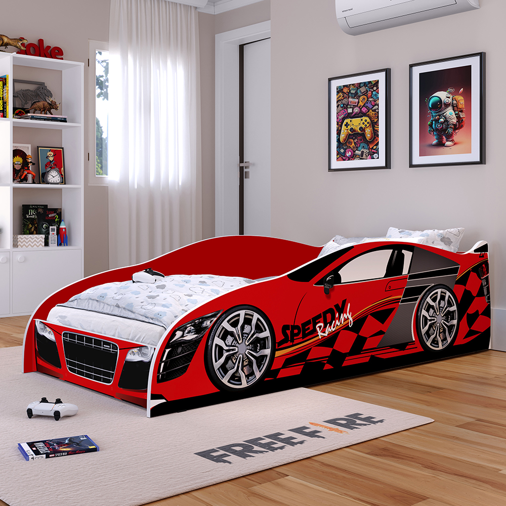 Mini Cama Infantil Carro Corrida Speedy MDF Montessoriana Proteção Lateral Decoração Kids Tema Quarto Menino - Vermelho - RPM