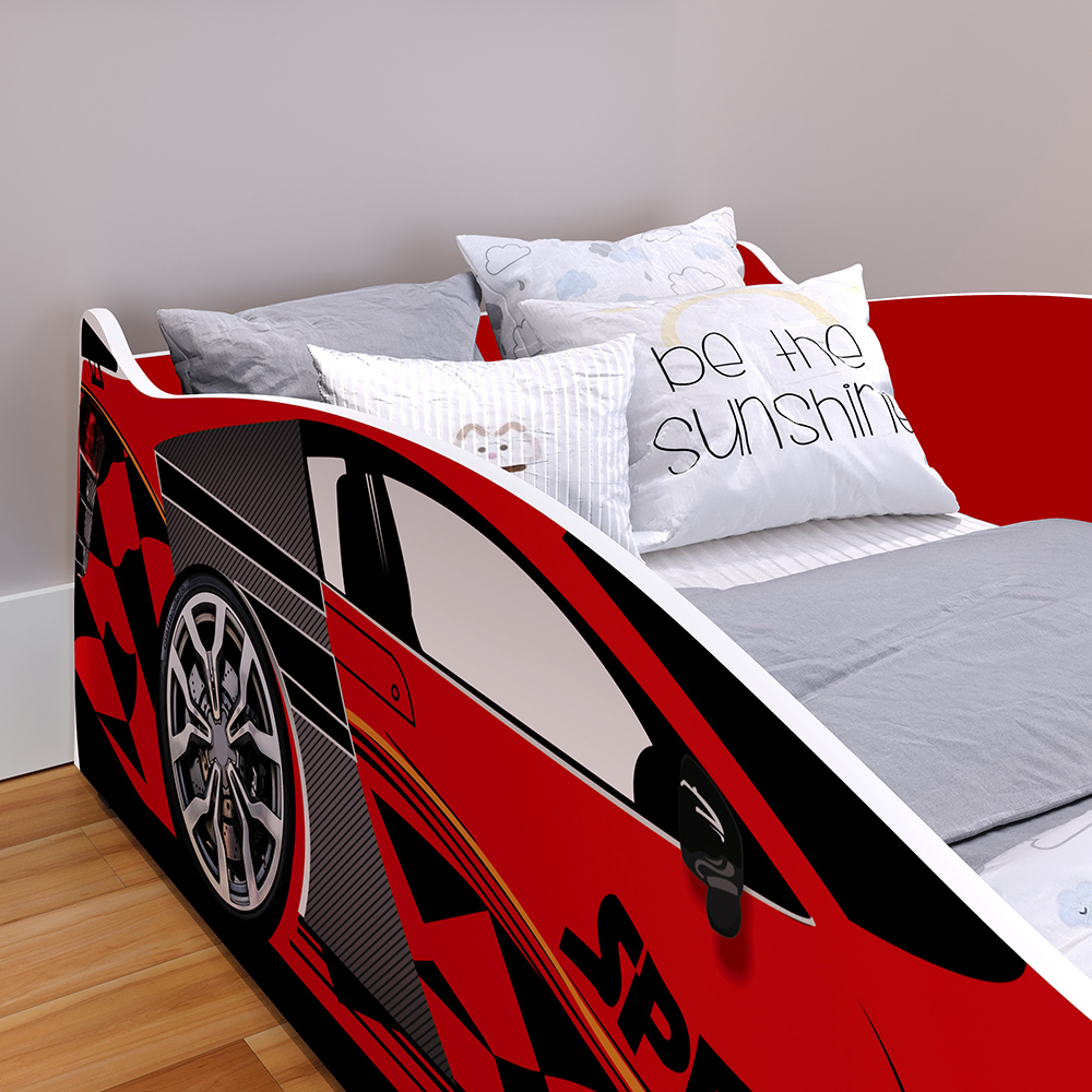 Mini Cama Infantil Carro Corrida Speedy MDF Montessoriana Proteção Lateral Decoração Kids Tema Quarto Menino - Vermelho - RPM