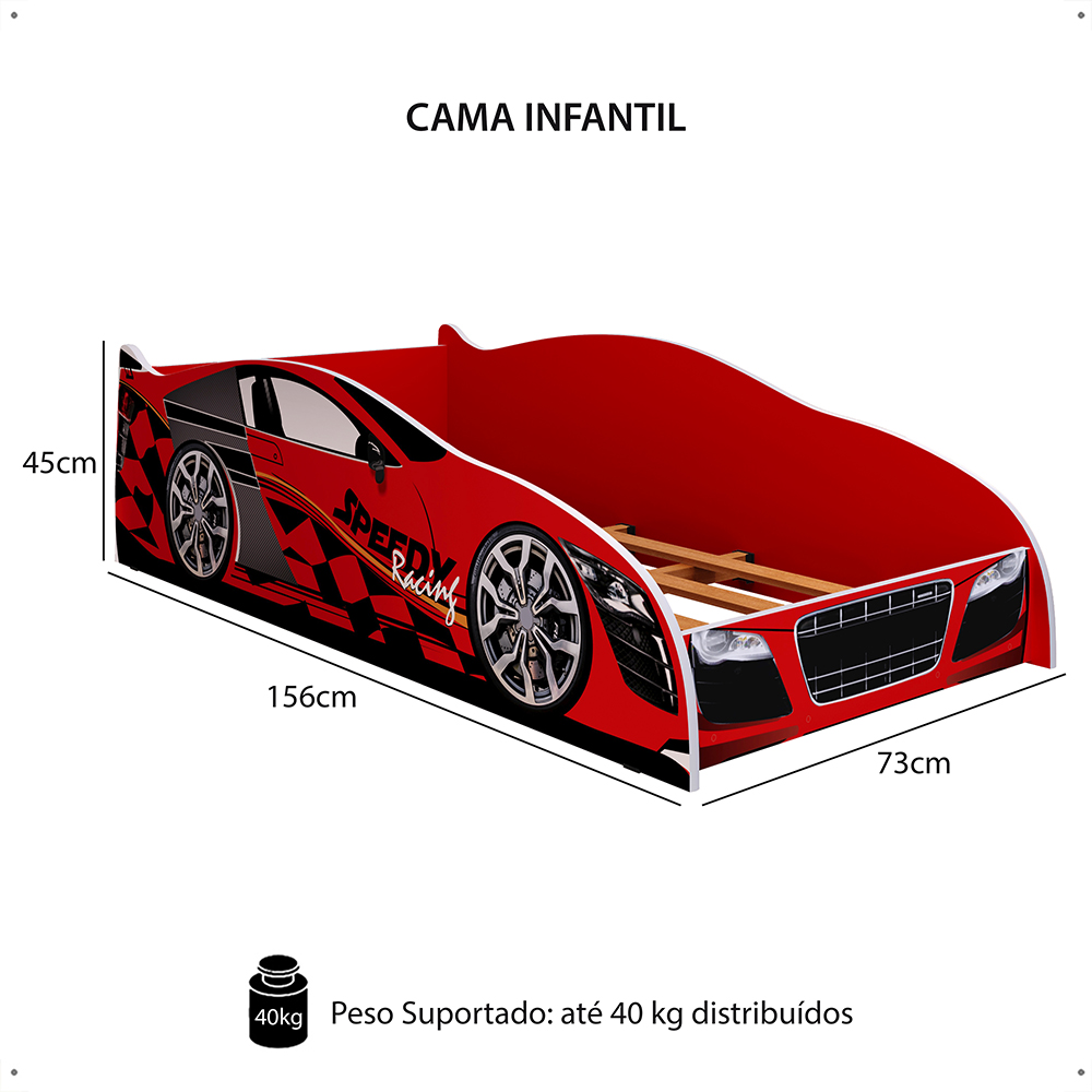 Mini Cama Infantil Carro Corrida Speedy MDF Montessoriana Proteção Lateral Decoração Kids Tema Quarto Menino - Vermelho - RPM