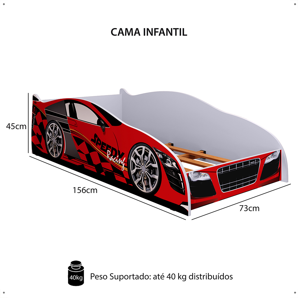 Mini Cama Infantil Carro Corrida Speedy MDF Montessoriana Proteção Lateral Decoração Kids Tema Quarto Menino - Vermelho/Branco – RPM