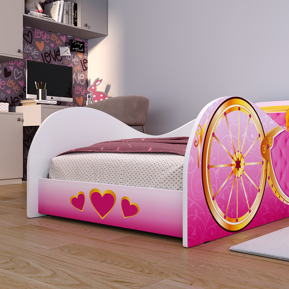 Mini Cama Infantil Carruagem Montessoriana MDF Lateral Grade Proteção Decoração Quarto Feminino Tema Princesa Unicórnio Menina - RPM