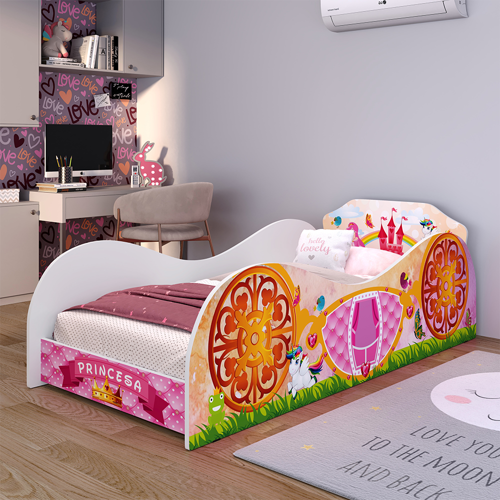 Mini Cama Infantil Menina Montessoriana MDF Lateral Grade Proteção Decoração Tema Quarto Feminino Reino Princesa Encantada Rosa - RPM