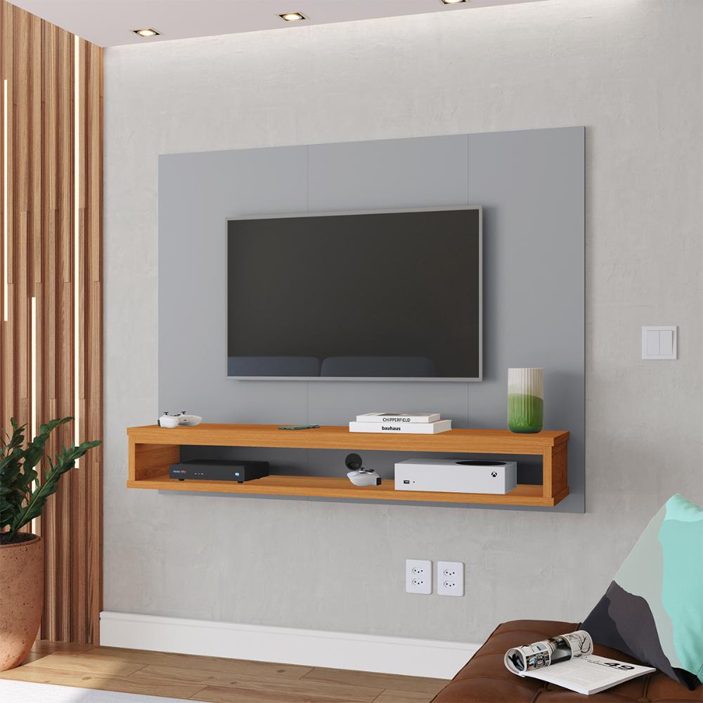 Painel Cissa Tv 32 36 39 40 42 46 47 50 Polegadas Prateleira Inferior Nicho Decorativo Suspenso Quarto Sala - Cinza/Cinamomo - RPM Móveis