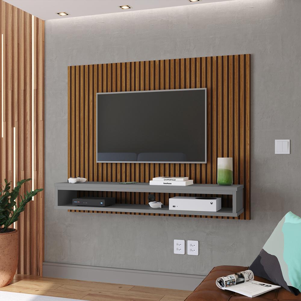 Painel Cissa Tv 32 36 39 40 42 46 47 50 Polegadas Prateleira Inferior Nicho Decorativo Suspenso Quarto Sala - Ripado Freijó/Cinza - RPM Móveis