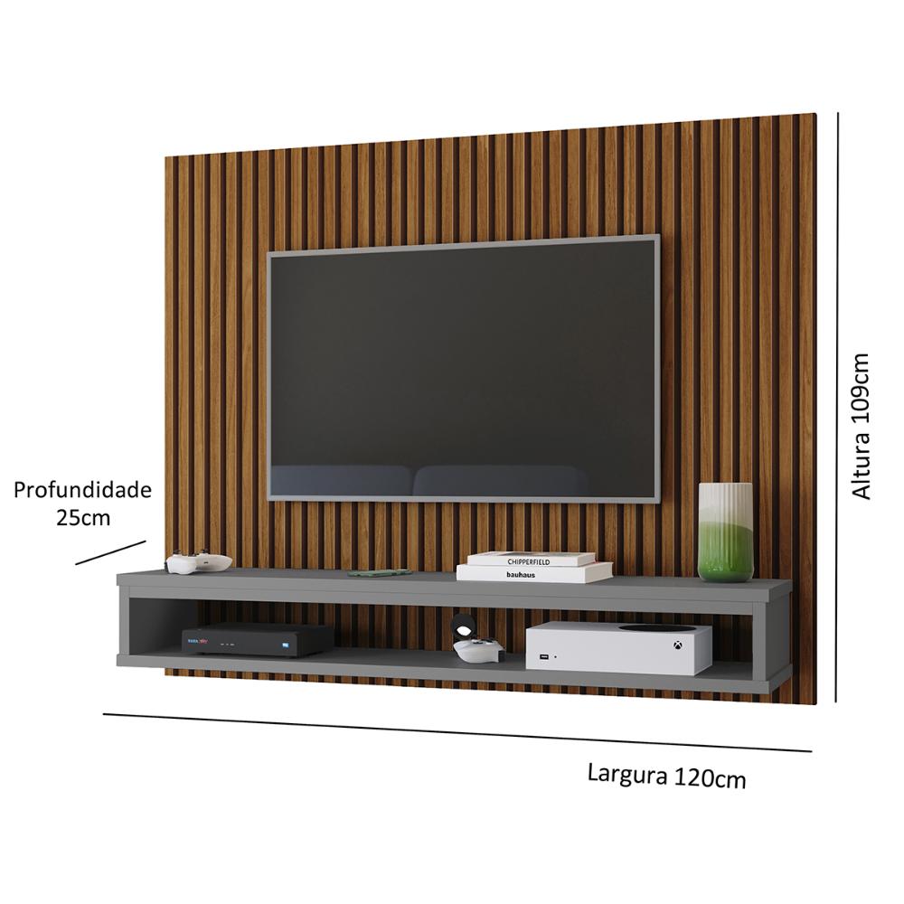 Painel Cissa Tv 32 36 39 40 42 46 47 50 Polegadas Prateleira Inferior Nicho Decorativo Suspenso Quarto Sala - Ripado Freijó/Cinza - RPM Móveis
