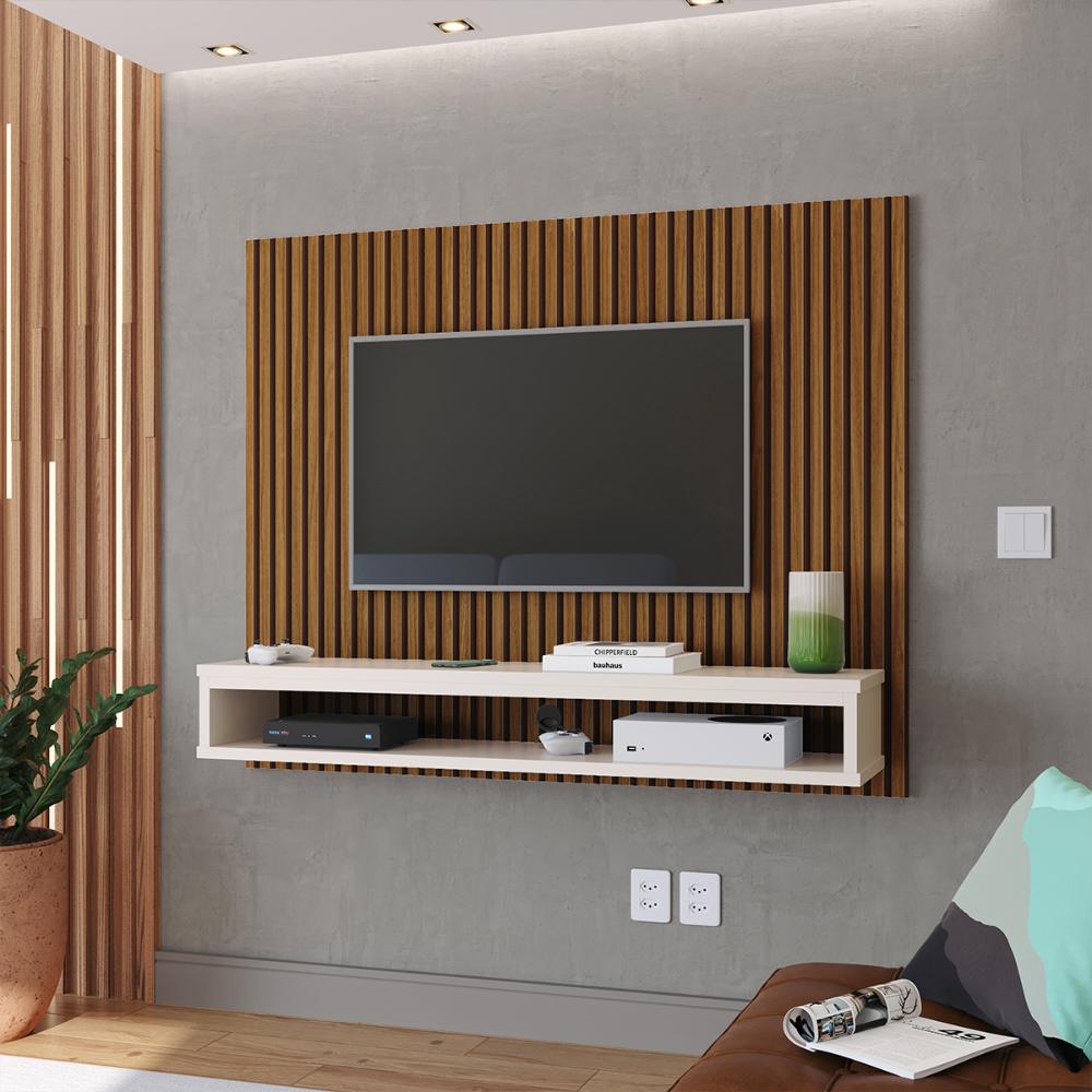 Painel Cissa Tv 32 36 39 40 42 46 47 50 Polegadas Prateleira Inferior Nicho Decorativo Suspenso Quarto Sala - Ripado Freijó/Off White - RPM Móveis