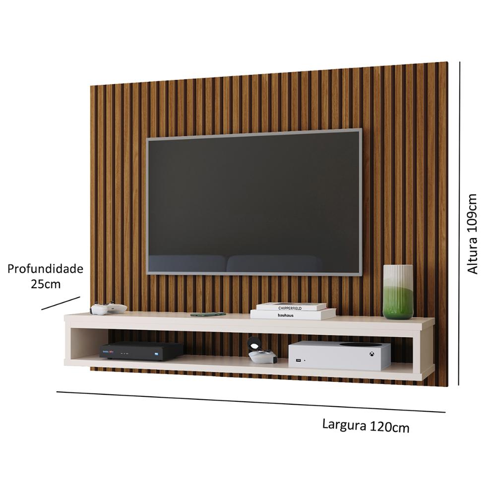 Painel Cissa Tv 32 36 39 40 42 46 47 50 Polegadas Prateleira Inferior Nicho Decorativo Suspenso Quarto Sala - Ripado Freijó/Off White - RPM Móveis