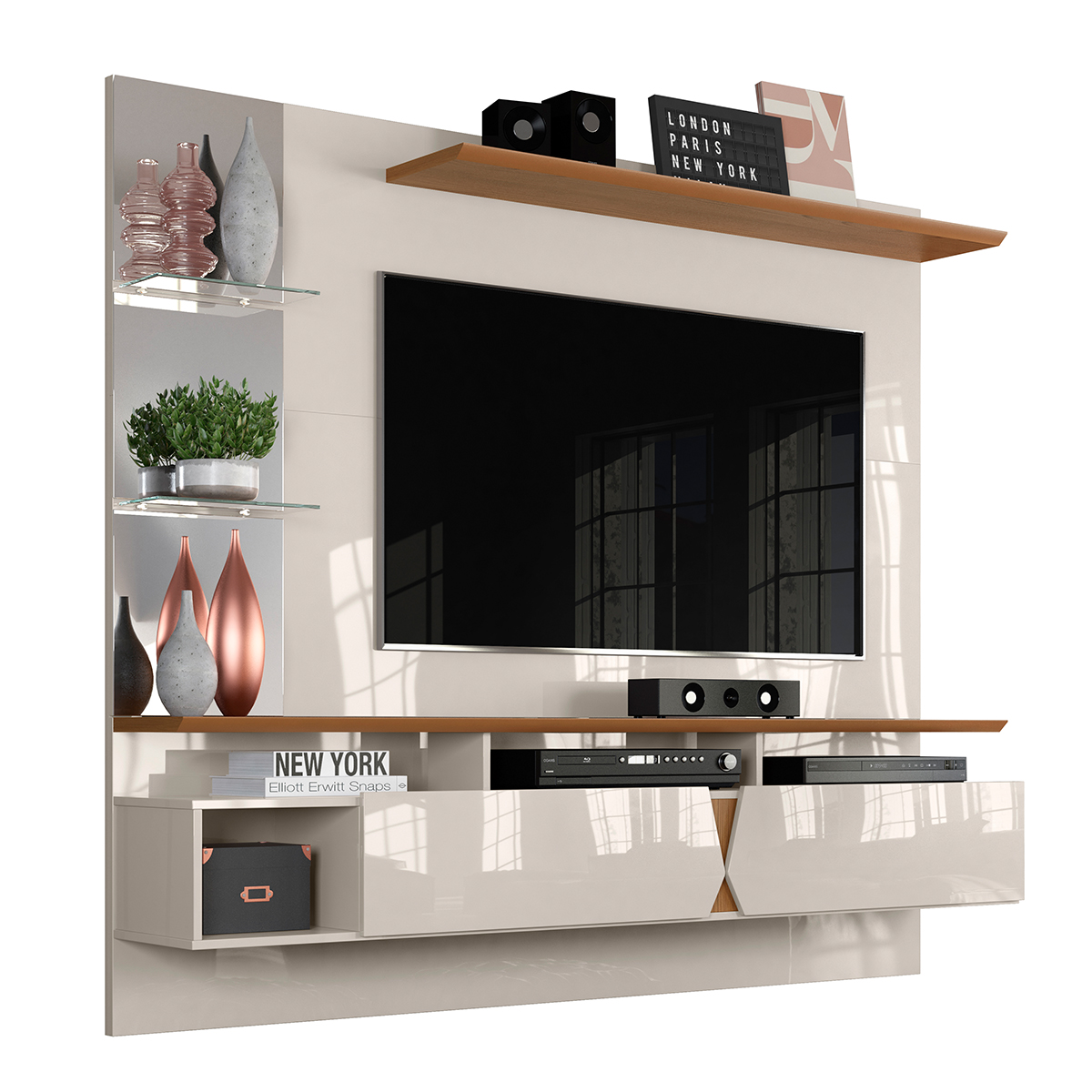 Painel Intense 1.83 Tv Até 55 Polegadas Prateleiras Laterais em Vidro Espelhos Decorativos 2 Portas Basculante Sala Estar - Off White/Damasco - RPM Móveis