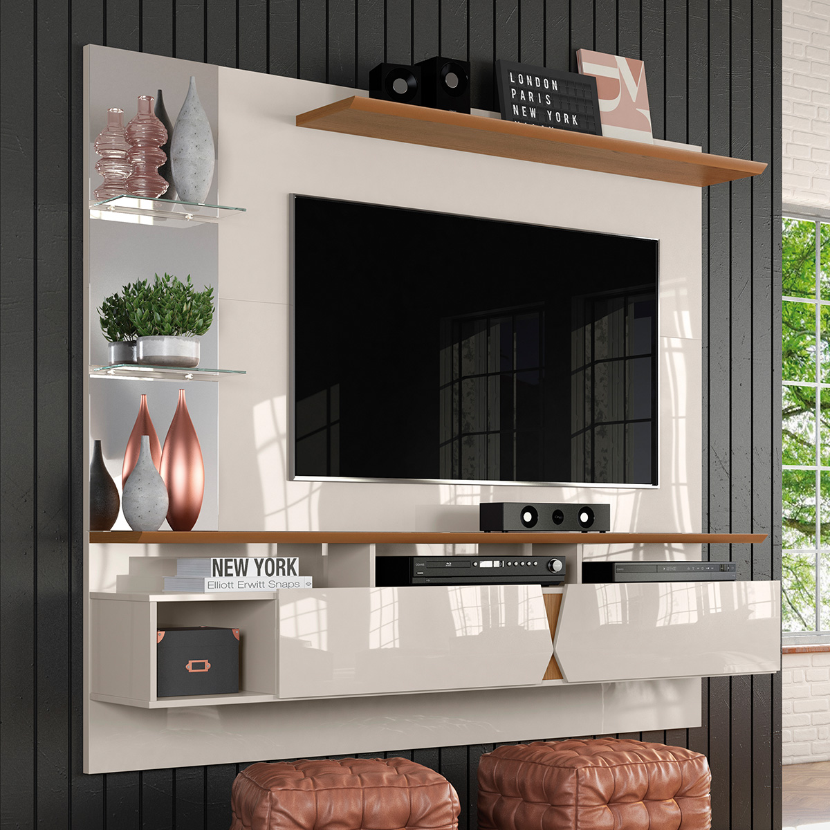Painel Intense 1.83 Tv Até 55 Polegadas Prateleiras Laterais em Vidro Espelhos Decorativos 2 Portas Basculante Sala Estar - Off White/Damasco - RPM Móveis