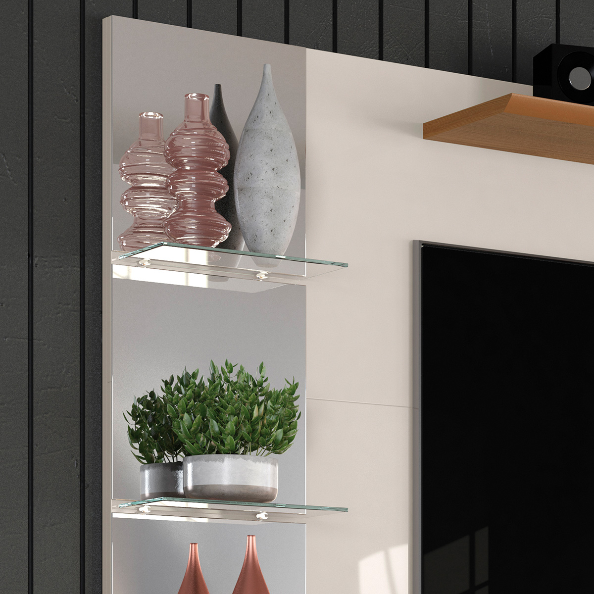 Painel Intense 1.83 Tv Até 55 Polegadas Prateleiras Laterais em Vidro Espelhos Decorativos 2 Portas Basculante Sala Estar - Off White/Damasco - RPM Móveis