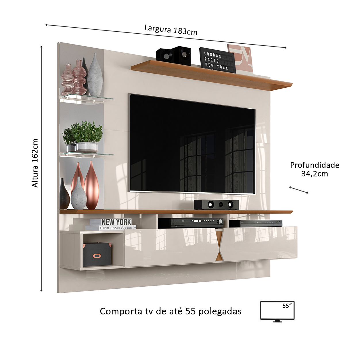 Painel Intense 1.83 Tv Até 55 Polegadas Prateleiras Laterais em Vidro Espelhos Decorativos 2 Portas Basculante Sala Estar - Off White/Damasco - RPM Móveis