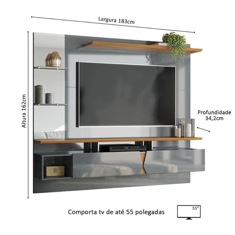 Painel Intense 1.83 Tv Até 55 Polegadas Prateleiras Laterais em Vidro Espelhos Decorativos 2 Portas Sala Estar - Cinza Perolizado/Tauari - RPM Móveis
