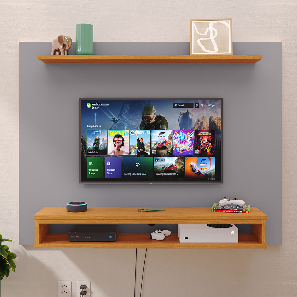 Painel Suspenso Nairóbi Prateleira Superior Nicho Tv até 48 Polegadas Sala Estar Quarto - Cinza/Cinamomo - Lojas RPM