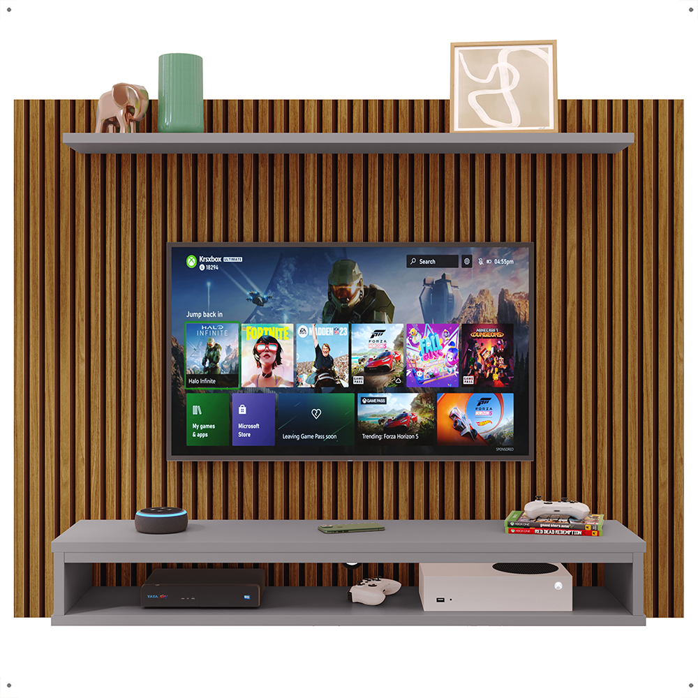 Painel Suspenso Nairóbi Prateleira Superior Nicho Tv até 48 Polegadas Sala Estar Quarto - Ripado Freijó/Cinza - Lojas RPM