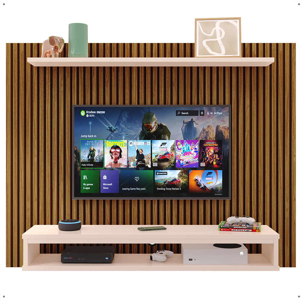 Painel Suspenso Nairóbi Prateleira Superior Nicho Tv até 48 Polegadas Sala Estar Quarto - Ripado Freijó/Off White - Lojas RPM