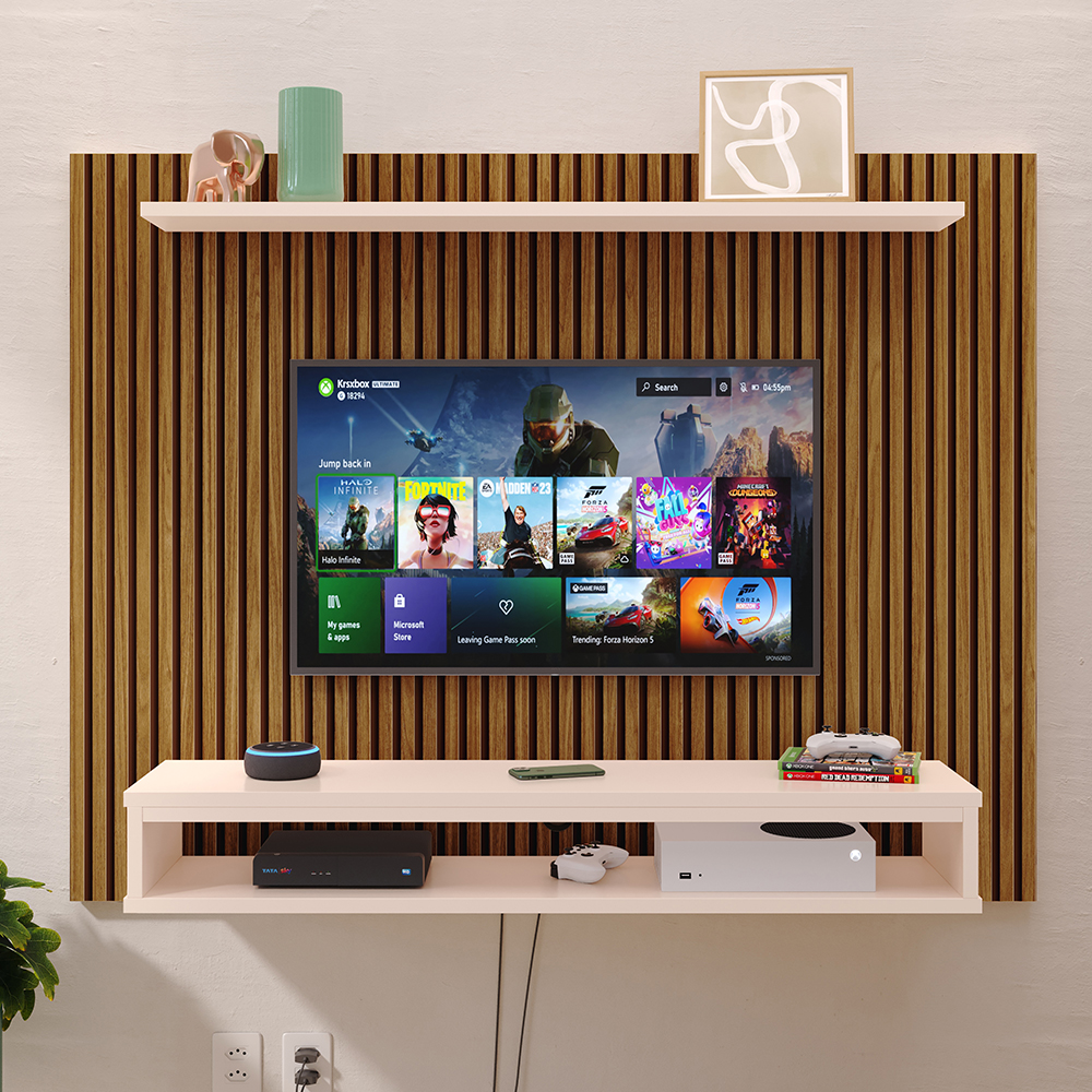 Painel Suspenso Nairóbi Prateleira Superior Nicho Tv até 48 Polegadas Sala Estar Quarto - Ripado Freijó/Off White - Lojas RPM