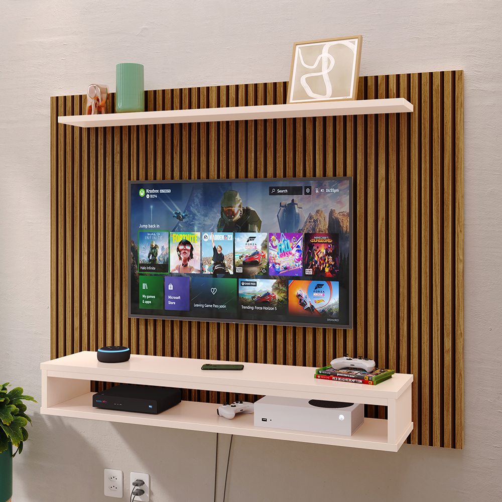 Painel Suspenso Nairóbi Prateleira Superior Nicho Tv até 48 Polegadas Sala Estar Quarto - Ripado Freijó/Off White - Lojas RPM