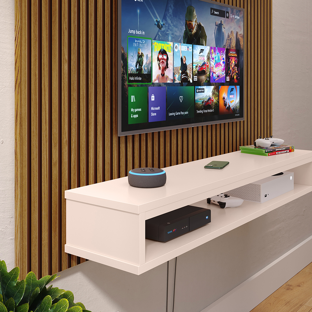 Painel Suspenso Nairóbi Prateleira Superior Nicho Tv até 48 Polegadas Sala Estar Quarto - Ripado Freijó/Off White - Lojas RPM