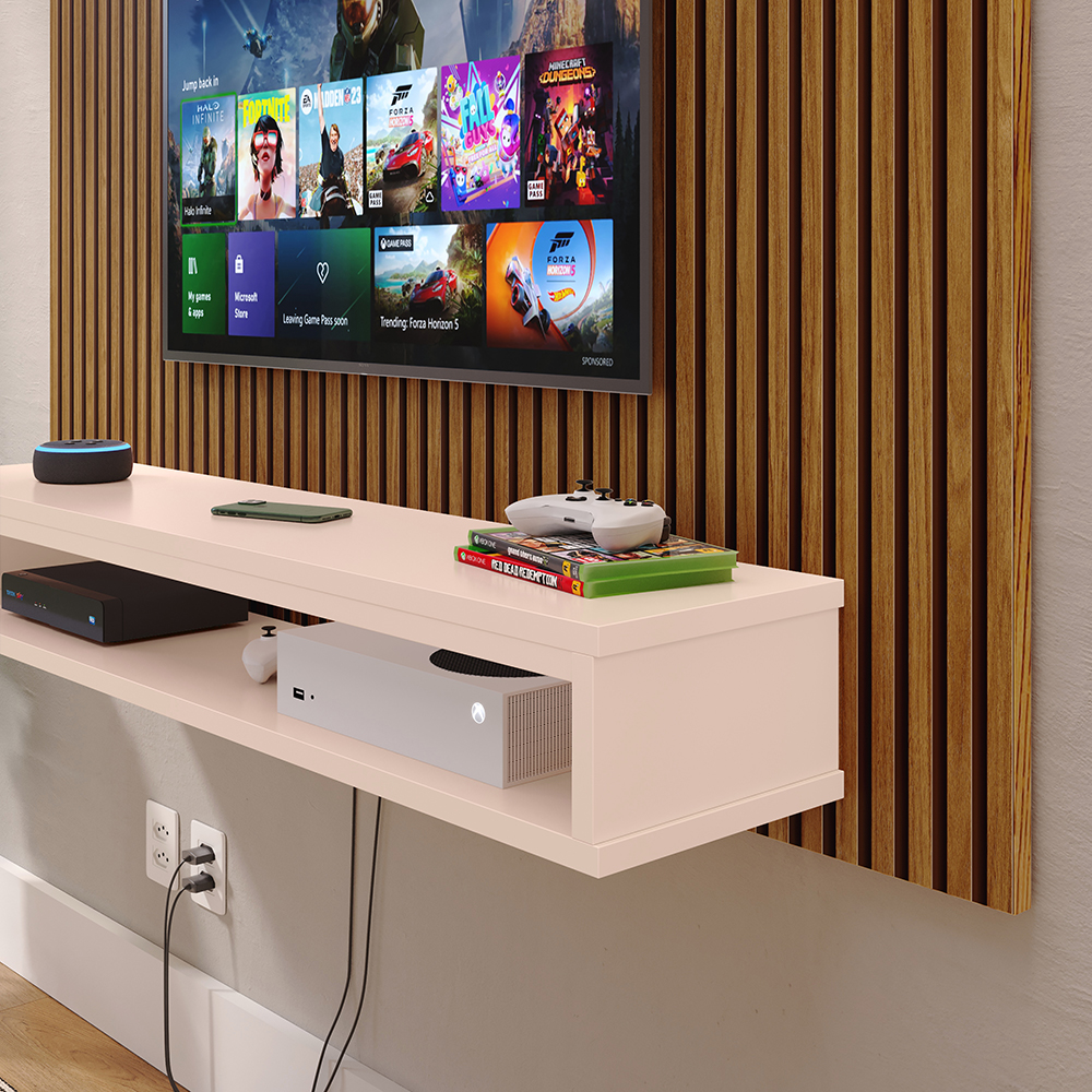 Painel Suspenso Nairóbi Prateleira Superior Nicho Tv até 48 Polegadas Sala Estar Quarto - Ripado Freijó/Off White - Lojas RPM
